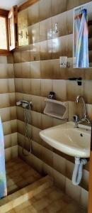 a bathroom with a sink and a shower at Maroudas Traditional Guest House in Vathi