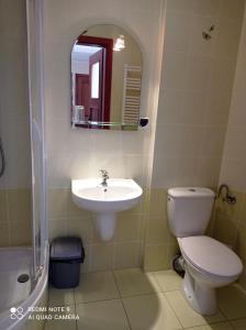 a bathroom with a toilet and a sink and a mirror at Dworek Morski in Kołobrzeg