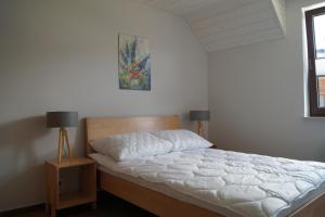 a bedroom with a bed and two lamps in it at Apartament Zacisze in Jaworki