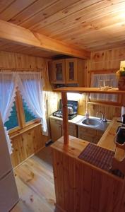 a kitchen in a log cabin with a sink at Wittówka - domek na wyłączność z dala od sąsiadów in Tomaszów Lubelski