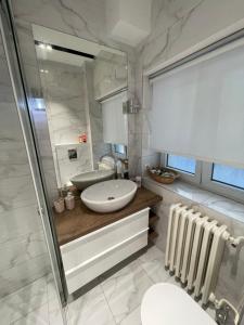 uma casa de banho com um WC, um lavatório e um espelho. em New, modern apartment in Belgrade em Belgrado
