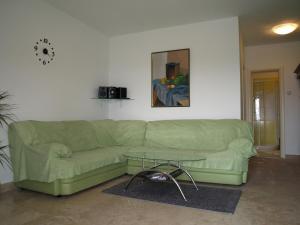 a green couch in a living room with a table at Apartment Pud Oreh in Roč