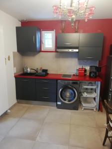 a kitchen with a stove and a washing machine at Appartement de plain pied dans la verdure in Yerres