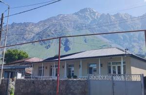 een huis met een muurschildering aan de zijkant van een berg bij guest house lela rezo in Kazbegi