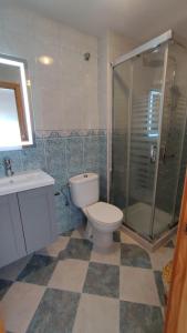 a bathroom with a toilet and a shower and a sink at Carihuela Playa 2 in Torremolinos