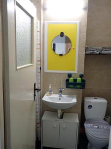een badkamer met een wastafel, een toilet en een spiegel bij FeWo Leipziger Neuseenland in Neukieritzsch