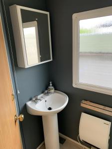 een badkamer met een wastafel, een spiegel en een toilet bij RBR 1023 - Beach Resort Kamperland in Kamperland