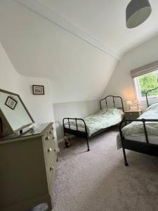 a bedroom with two beds and a mirror and a dresser at Ruby Cottage in Clabby