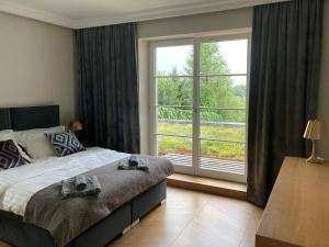 um quarto com uma cama e uma grande janela em Kraków Green Hill Luxury Apartment em Balice