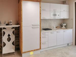 a kitchen with white cabinets and a white refrigerator at Apartament Art Mountain in Jaworki