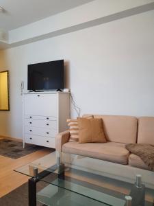 ein Wohnzimmer mit einem Sofa und einem TV in der Unterkunft Moderni, viihtyisä pikkukaksio saunalla in Pori