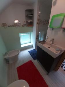 uma casa de banho com um lavatório, um WC e uma janela. em Apartma Silvia em Metlika