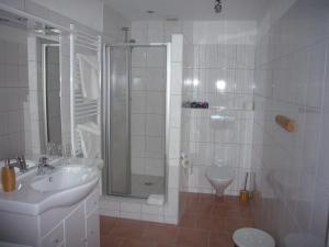 a bathroom with a shower and a sink and a toilet at Hotel Ovelgönner Hof in Buxtehude +31 photos