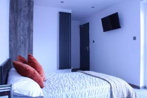 1 dormitorio con 1 cama con almohadas rojas y TV en Perfect Private Room Accommodation with own kitchenette in Peterborough, en Peterborough