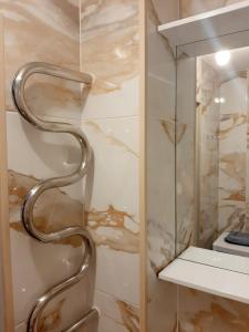 Light Apartment في ريغا: باب دش زجاجي مع رف للمناشف المعدنية