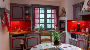 a kitchen with red cabinets and a table with a plant at Villa Aimé in Caunes-Minervois
