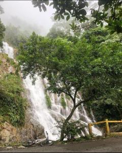 a bike parked in front of a waterfall at Hotel Dorado San Luis in San Luis