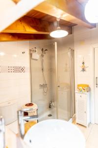 a bathroom with a shower and a sink at Apartament Cal Marinall in Arsèguel