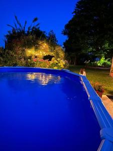 a blue swimming pool in a garden at night at Casa Serenella in Piazzola sul Brenta