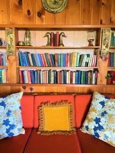 a couch with two pillows in front of a shelf of books at Somewhere In Time - RETRO SPACIOUS COTTAGE with PRIVATE SANDY BEACH in Wiarton