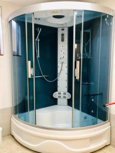 a bathroom with a glass shower with a sink at Joy City Stay George Enescu 12 in Timişoara