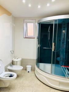 a bathroom with a shower and a toilet and a sink at Joy City Stay George Enescu 12 in Timişoara
