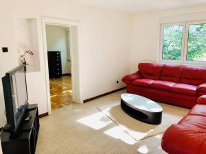 a living room with a red couch and a tv at Joy City Stay George Enescu 12 in Timişoara