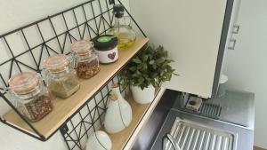 une cuisine avec des bocaux et des plantes sur une étagère dans l'établissement Das Tor zum Vogtland !!, à Rodewisch