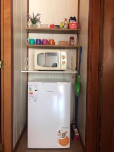 a microwave sitting on top of a refrigerator at Casa Roja in El Calafate