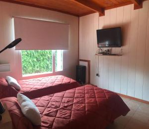 a bedroom with a bed and a window and a television at Casa Roja in El Calafate