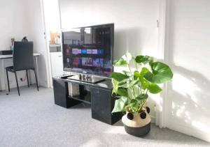 a living room with a tv and a potted plant at Super studio proche de Paris Porte de Versailles ! in Vanves