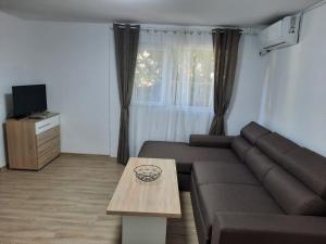ein Wohnzimmer mit einem Sofa und einem Tisch in der Unterkunft Апартаменти за гости ,,Тракия'' in Chissarja