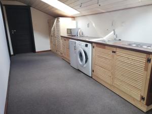 a kitchen with a washing machine and a sink at Penzión u Coľa in Prievidza