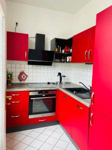 czerwona kuchnia z czerwonymi szafkami i zlewem w obiekcie "Glück auf" Lichtdurchflutete schicke Ferienwohnung in Zwickau w mieście Zwickau