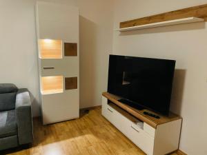 sala de estar con TV de pantalla plana en un soporte en "Glück auf" Lichtdurchflutete schicke Ferienwohnung in Zwickau, en Zwickau