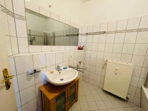 La salle de bains est pourvue d'un lavabo et d'un miroir. dans l'établissement "Glück auf" Lichtdurchflutete schicke Ferienwohnung in Zwickau, à Zwickau