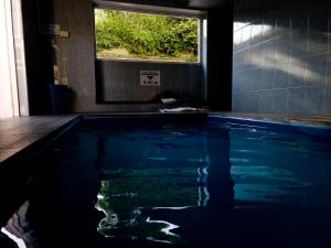 a swimming pool with a window in a bathroom at Hotel de Cine Las Golondrinas in Villa Gesell