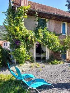 una silla azul sentada frente a una casa en La maison du Sotré en Raon-sur-Plaine