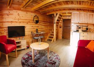 a living room with a tv in a log cabin at Apartmani i kuće Moje selo Šćepanović in Kolašin