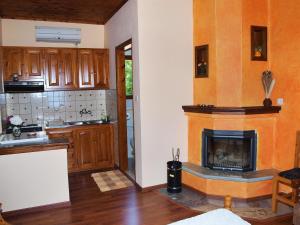a kitchen with a fireplace in the middle of a room at Olga Studios in Tsagarada +45 photos