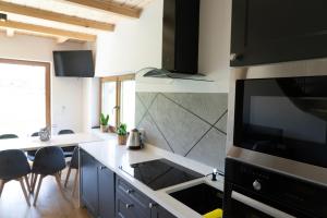 a kitchen with a sink and a counter top at Domki Pod Lasem in Krościenko