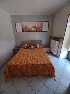 ein Schlafzimmer mit einem großen orangenen Bett in einem Zimmer in der Unterkunft la Cambuse in Torre Pellice