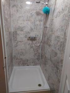 y baño con ducha con cabezal de ducha azul. en Edwardian 5 bedroom townhouse, next to underground, en Londres