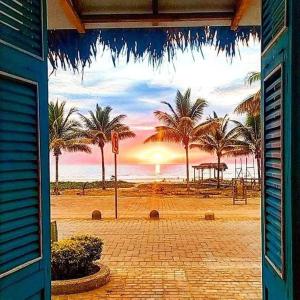 vistas a una playa con palmeras y a la puesta de sol en Café Madame, en Puerto López