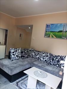 ein Wohnzimmer mit einer grauen Couch mit schwarzen und weißen Kissen in der Unterkunft Apartman Kika 1 in Valjevo