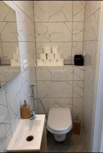a bathroom with a white toilet and a sink at Sweet Grey SPA in Liège
