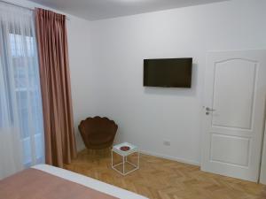 een slaapkamer met een bed en een televisie aan de muur bij Water Lily Apartment Studio 2 free parking- self check-in in Oradea