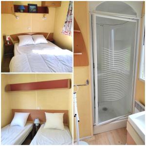 2 fotos de una habitación con cama y ducha en Camping Quimper, en Quimper
