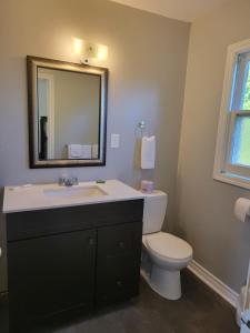 a bathroom with a sink and a toilet and a mirror at Gateway Motel in Gananoque