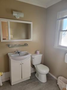 a bathroom with a toilet and a sink and a mirror at Gateway Motel in Gananoque